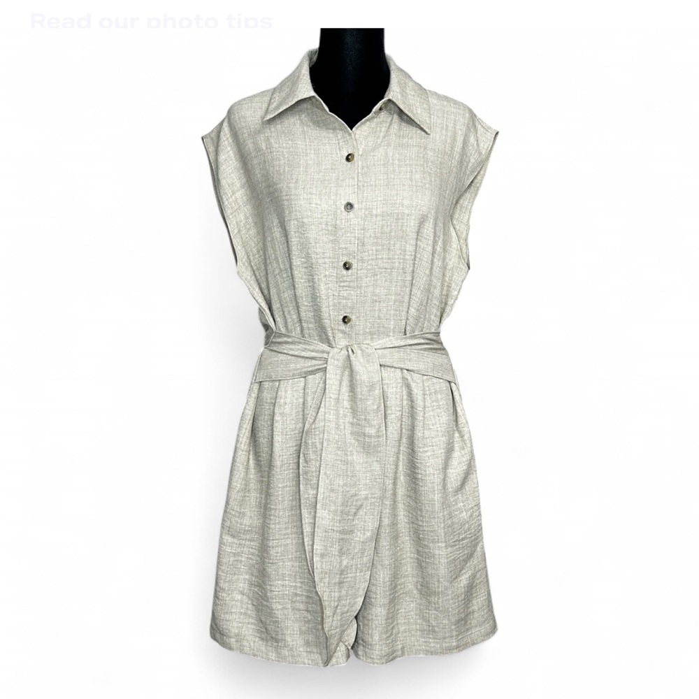 EMMA & MICHELE Taupe Sleeveless Romper M, W/Button Up Pockets Tie Waist - Picture 1 of 8